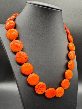 Vintage Beaded Necklace Dyed Howlite Bright Orange 20 inches + Earrings *Read*